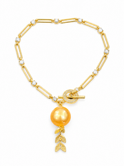 Natural South Sea Golden Pearl Toggle Bracelet ， S925 Sterling Silver Gold Plated Paperclip Chain OT Clasp Bracelet with Leaf Charm &  ，Luxury Statement Jewelry for Women Gift