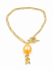 Natural South Sea Golden Pearl Toggle Bracelet ， S925 Sterling Silver Gold Plated Paperclip Chain OT Clasp Bracelet with Leaf Charm &  ，Luxury Statement Jewelry for Women Gift