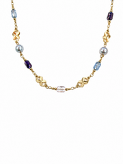 Colorful Beaded Station Necklace  Natural South Sea GrayJapanese Akoya Silver-Gray Pearl Pearls, Gold Clover Accents & Multicolor Crystals on S925 Sterling Silver Gold Plated Chain