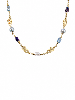Colorful Beaded Station Necklace  Natural South Sea GrayJapanese Akoya Silver-Gray Pearl Pearls, Gold Clover Accents & Multicolor Crystals on S925 Sterling Silver Gold Plated Chain