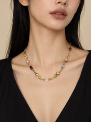 Colorful Beaded Station Necklace  Natural South Sea GrayJapanese Akoya Silver-Gray Pearl Pearls, Gold Clover Accents & Multicolor Crystals on S925 Sterling Silver Gold Plated Chain