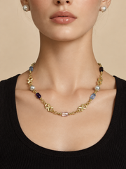 Colorful Beaded Station Necklace  Natural South Sea GrayJapanese Akoya Silver-Gray Pearl Pearls, Gold Clover Accents & Multicolor Crystals on S925 Sterling Silver Gold Plated Chain