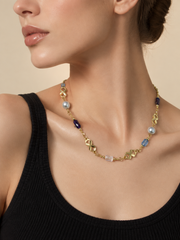 Colorful Beaded Station Necklace  Natural South Sea GrayJapanese Akoya Silver-Gray Pearl Pearls, Gold Clover Accents & Multicolor Crystals on S925 Sterling Silver Gold Plated Chain