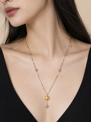 Vintage Luxury Mixed Pearl Y Drop Necklace, Large Golden Pearl & Akoya Grey Pearl Paperclip Chain Statement Necklace for Wedding & Daily Wea