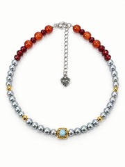 Beaded Gemstone & Gray Pearl Bracelet  Natural South Sea Japanese Akoya Silver-Gray Pearl Pearls, Red Orange Stones & Turquoise Accent, S925 Sterling Silver Heart Charm Adjustable Layered Stack Jewelry