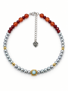 Beaded Gemstone & Gray Pearl Bracelet  Natural South Sea Japanese Akoya Silver-Gray Pearl Pearls, Red Orange Stones & Turquoise Accent, S925 Sterling Silver Heart Charm Adjustable Layered Stack Jewelry