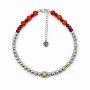 Beaded Gemstone & Gray Pearl Bracelet  Natural South Sea Japanese Akoya Silver-Gray Pearl Pearls, Red Orange Stones & Turquoise Accent, S925 Sterling Silver Heart Charm Adjustable Layered Stack Jewelry