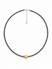 S925 Sterling Silver Tahitian Black Pearl Necklace with Golden Pearl Accent,&nbsp; Minimalist Elegant Choker with Heart Extender, Luxury Jewelry Gift for Women.
