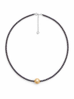 S925 Sterling Silver Tahitian Black Pearl Necklace with Golden Pearl Accent,&nbsp; Minimalist Elegant Choker with Heart Extender, Luxury Jewelry Gift for Women.
