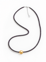 S925 Sterling Silver Tahitian Black Pearl Necklace with Golden Pearl Accent,&nbsp; Minimalist Elegant Choker with Heart Extender, Luxury Jewelry Gift for Women.