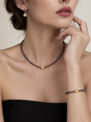 S925 Sterling Silver Tahitian Black Pearl Necklace with Golden Pearl Accent,&nbsp; Minimalist Elegant Choker with Heart Extender, Luxury Jewelry Gift for Women.