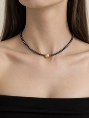 S925 Sterling Silver Tahitian Black Pearl Necklace with Golden Pearl Accent,&nbsp; Minimalist Elegant Choker with Heart Extender, Luxury Jewelry Gift for Women.