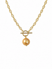 Natural South Sea Golden Pearl Pig Nose Necklace&nbsp; S925 Sterling Silver Gold Plated CD-Inspired Link Chain with CZ & Pearl Pendant&nbsp; Elegant Designer-Style Jewelry for Women.