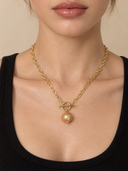 Natural South Sea Golden Pearl Pig Nose Necklace&nbsp; S925 Sterling Silver Gold Plated CD-Inspired Link Chain with CZ & Pearl Pendant&nbsp; Elegant Designer-Style Jewelry for Women.