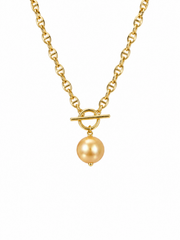 Natural South Sea Golden Pearl Pig Nose Necklace&nbsp; S925 Sterling Silver Gold Plated CD-Inspired Link Chain with CZ & Pearl Pendant&nbsp; Elegant Designer-Style Jewelry for Women.