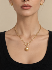 Natural South Sea Golden Pearl Pig Nose Necklace&nbsp; S925 Sterling Silver Gold Plated CD-Inspired Link Chain with CZ & Pearl Pendant&nbsp; Elegant Designer-Style Jewelry for Women.