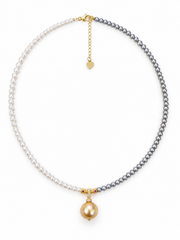 Natural South Sea Golden Pearl Pendant Necklace&nbsp; Two-Tone Pearl Chain&nbsp; S925 Silver Gold Plated.