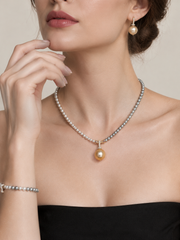 Natural South Sea Golden Pearl Pendant Necklace&nbsp; Two-Tone Pearl Chain&nbsp; S925 Silver Gold Plated.