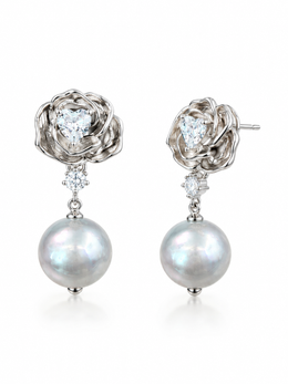 Madama Grade Japanese Akoya Silver-Gray Pearl Drop Earrings, S925 Sterling Silver Rose Floral Stud Earrings with Heart & Round Rhinestones, Luxury Statement Pearl Jewelry Gift for Women