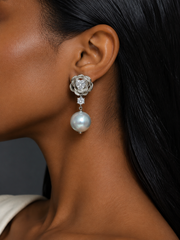 Madama Grade Japanese Akoya Silver-Gray Pearl Drop Earrings, S925 Sterling Silver Rose Floral Stud Earrings with Heart & Round Rhinestones, Luxury Statement Pearl Jewelry Gift for Women
