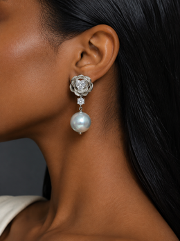 Madama Grade Japanese Akoya Silver-Gray Pearl Drop Earrings, S925 Sterling Silver Rose Floral Stud Earrings with Heart & Round Rhinestones, Luxury Statement Pearl Jewelry Gift for Women