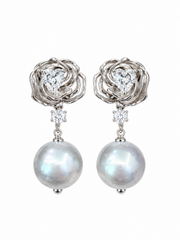 Madama Grade Japanese Akoya Silver-Gray Pearl Drop Earrings, S925 Sterling Silver Rose Floral Stud Earrings with Heart & Round Rhinestones, Luxury Statement Pearl Jewelry Gift for Women