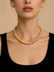 South Sea Golden Pearl Graduated Tower Necklace, Genuine Natural Golden Pearl Single Strand Necklace for Women, S925 Sterling Silver Adjustable Golden Pearl Choker, Luxury Wedding Bridal Pearl Necklace Gift for Her