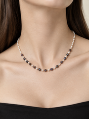 Akoya & Tahitian Pearl Necklace, S925 Sterling Silver, White & Black Pearl Strand with Heart Charm, Elegant Jewelry for Women, Gift for Her.