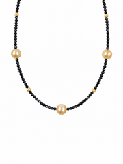 Natural South Sea Golden Pearl & Black Spinel Beaded Necklace,South Sea Golden Pearls, S925 Sterling Silver Gold Plated Vintage Statement Pearl Jewelry for Women