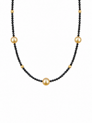 Natural South Sea Golden Pearl & Black Spinel Beaded Necklace,South Sea Golden Pearls, S925 Sterling Silver Gold Plated Vintage Statement Pearl Jewelry for Women