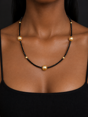 Natural South Sea Golden Pearl & Black Spinel Beaded Necklace,South Sea Golden Pearls, S925 Sterling Silver Gold Plated Vintage Statement Pearl Jewelry for Women