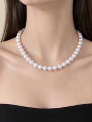 Genuine Seawater White Pearl Graduated Tower Necklace for Women, Single Strand Pearl Necklace with Paved Cubic Zirconia Clasp, Luxury Bridal Fine Pearl Jewelry Gift for Her