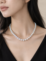 Genuine Seawater White Pearl Graduated Tower Necklace for Women, Single Strand Pearl Necklace with Paved Cubic Zirconia Clasp, Luxury Bridal Fine Pearl Jewelry Gift for Her