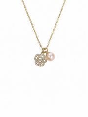 Natural Pearl Rose Necklace&nbsp; S925 Silver Gold Plated Rhinestone Flower Pendant Elegant Jewelry for Wedding & Gift.