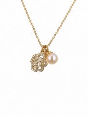 Natural Pearl Rose Necklace&nbsp; S925 Silver Gold Plated Rhinestone Flower Pendant Elegant Jewelry for Wedding & Gift.