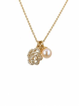 Natural Pearl Rose Necklace&nbsp; S925 Silver Gold Plated Rhinestone Flower Pendant Elegant Jewelry for Wedding & Gift.