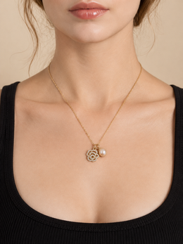 Natural Pearl Rose Necklace&nbsp; S925 Silver Gold Plated Rhinestone Flower Pendant Elegant Jewelry for Wedding & Gift.