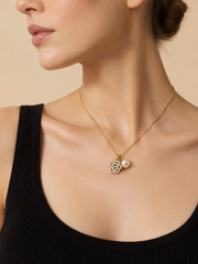 Natural Pearl Rose Necklace&nbsp; S925 Silver Gold Plated Rhinestone Flower Pendant Elegant Jewelry for Wedding & Gift.
