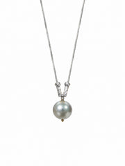 Madama Grade 10mm Japanese Akoya Silver-Gray Pearl Pendant Necklace, S925 Sterling Silver Vintage Twisted Cable Pearl Necklace for Women