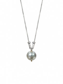 Madama Grade 10mm Japanese Akoya Silver-Gray Pearl Pendant Necklace, S925 Sterling Silver Vintage Twisted Cable Pearl Necklace for Women