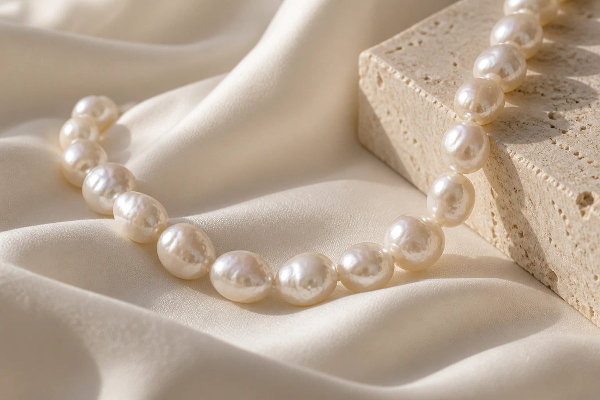 Close-up of irregular white pearls on ivory silk beside pale limestone.