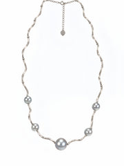 Japanese Akoya Silver-Gray Pearl&nbsp; Necklace, S925 Sterling Silver Wavy Chain, Irregular Design with Center Pearl, Elegant Japanese Style Jewelry for Women, Gift for Her.