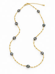 Starry Sky Station Necklace Natural Tahitian Black Pearl, Gold Plated Textured Chain Luxury Pearl Jewelry Gift for Her