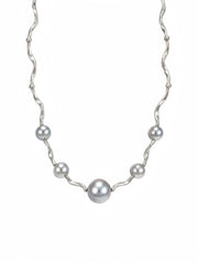 Japanese Akoya Silver-Gray Pearl&nbsp; Necklace, S925 Sterling Silver Wavy Chain, Irregular Design with Center Pearl, Elegant Japanese Style Jewelry for Women, Gift for Her.