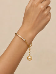 Natural South Sea Golden Pearl S925 Silver Gold Plated Pearl Bracelet, Minimalist Rhinestone Half Bangle for Gift & Daily