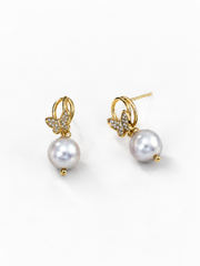 Whimsical Elegance: Pavé Butterfly & Grey Pearl Earrings&nbsp; Iridescent Drop Gift for Her.