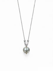 Madama Grade 10mm Japanese Akoya Silver-Gray Pearl Pendant Necklace, S925 Sterling Silver Vintage Twisted Cable Pearl Necklace for Women