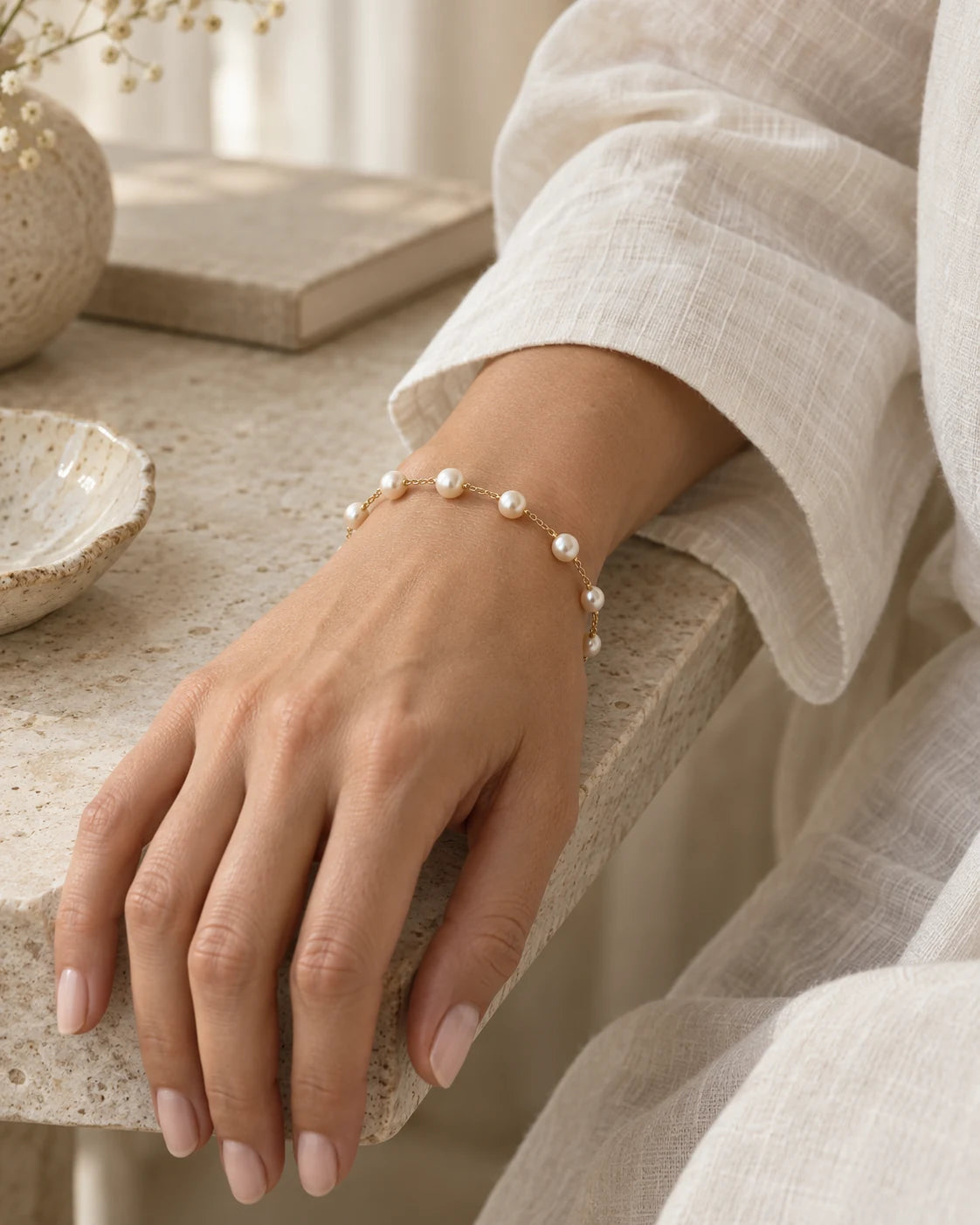Pearl bracelet on a relaxed wrist beside an ivory linen sleeve and pale stone.