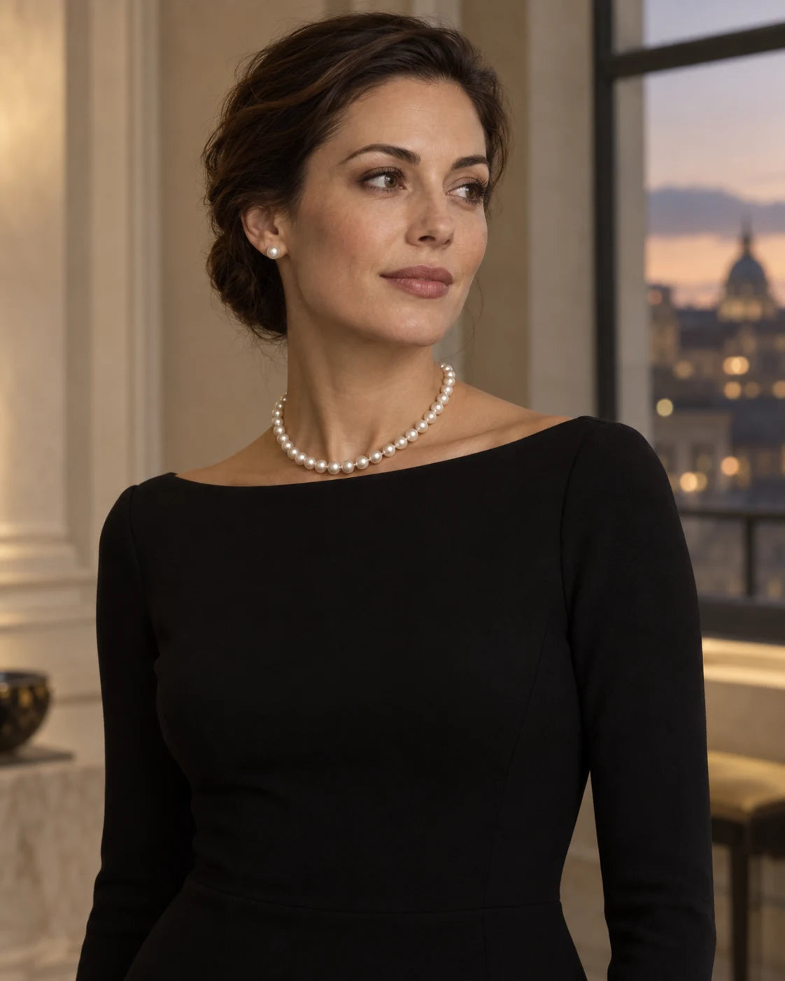 Woman wearing a pearl necklace and pearl studs with a simple black evening dress.
